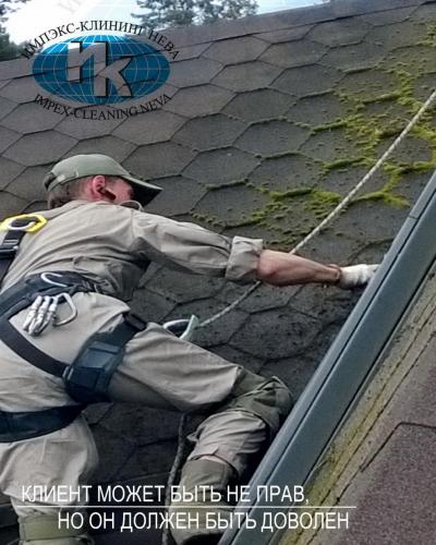 Альпинисты за работой по чистке мягкой кровли от мха и зелени